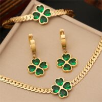 Green Clover Drop Earrings – Gold Finish Elegant Earrings for Girls & Women - Image 2