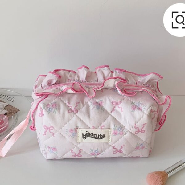 Cute Pink Floral Quilted Makeup Pouch – Soft Cosmetic Bag for Girls & Women