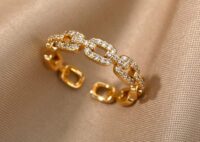 Gold Plated Chain Link Adjustable Ring – Luxury Crystal Zircon Fashion Jewelry