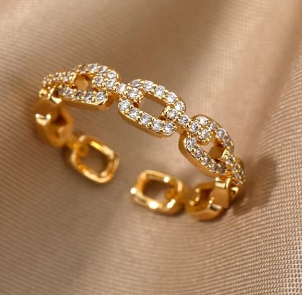Gold Plated Chain Link Adjustable Ring – Luxury Crystal Zircon Fashion Jewelry