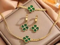 Green Clover Drop Earrings – Gold Finish Elegant Earrings for Girls & Women - Image 3