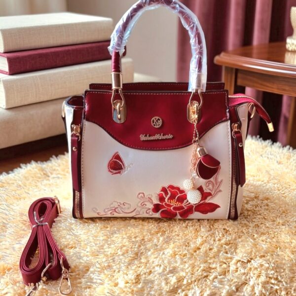 Embroidery Hand Bag - Color: Maroon + White